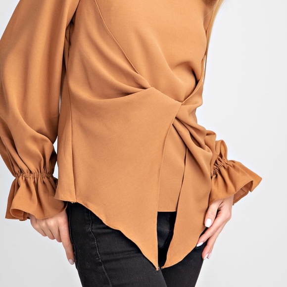*NEW* TAN TWIST-FRONT LONG SLEEVE BLOUSE WITH RUFFLE CUFF - Picture 2 of 6